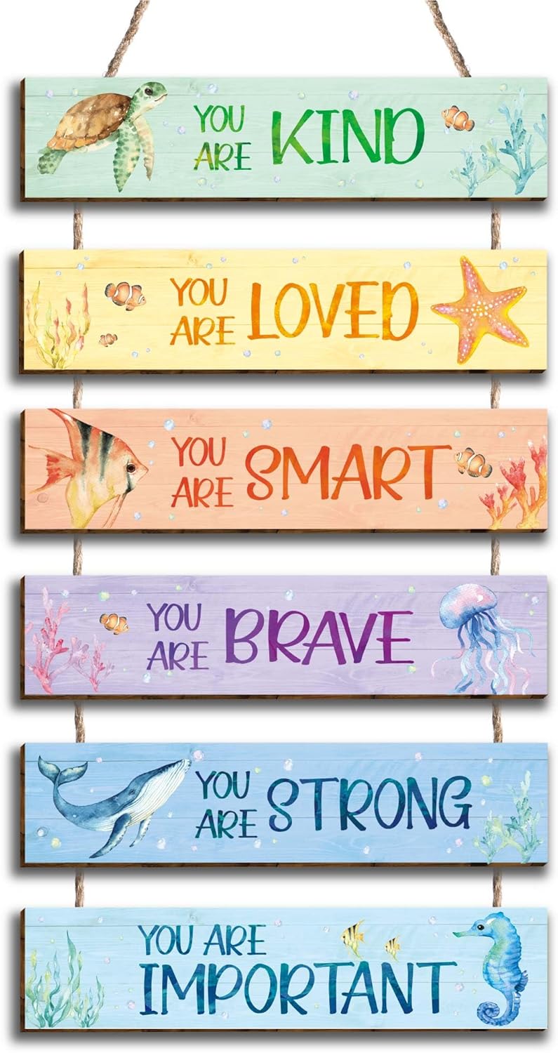 HIWERAN 6 Pieces Ocean Decor Kids Room Decor, Watercolor Ocean Inspirational Wall Art Decor for Teens Children Bedroom Princess Toddler Room, Works of art Made of Wood, Works of Art of Wood, Placards of Woods - Image 1